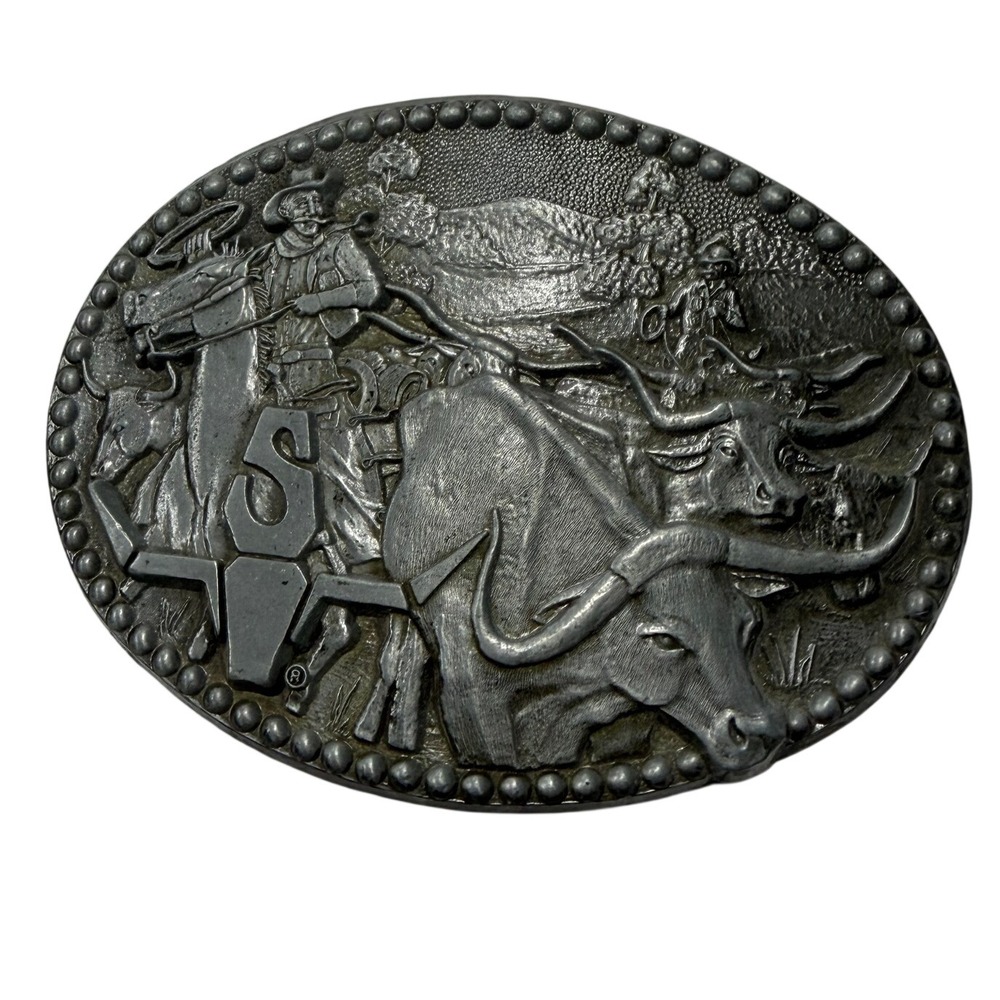 Vintage ZEE Series Award Design Medals Cowboy Longhorn Steer Belt Buckle Silver